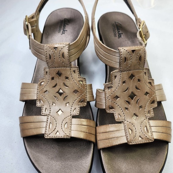Clarks Leather Sandal Laser Cut Ankle Buckle Strap Bronze Size 11 Wedge Heel - Picture 2 of 8